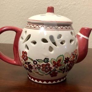Teapot Red White Floral Ceramic Tea Lite Candle